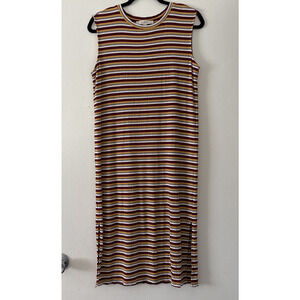 Loft Petite PS Striped Perfect Tank Midi Dress Red Gold Gray Crew Neck Side Slit